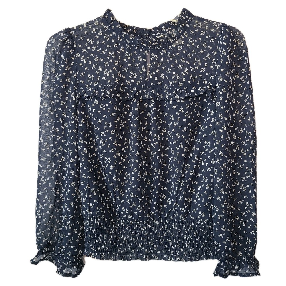 Monteau Los Angeles Women's‎ Floral Smocked Ruffle Mock Neck Blouse Navy Sz L